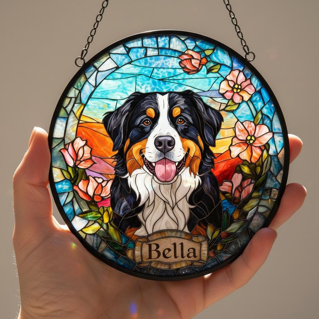 Custom Bernese Mountain Dog Portrait Stained Glass Suncatcher, Stained Glass Dog Memorial, Custom Dog Portrait from Photo, Sympathy Gifts - image 4