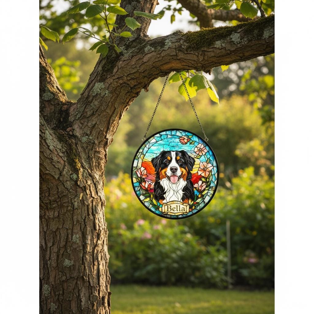 Custom Bernese Mountain Dog Portrait Stained Glass Suncatcher, Stained Glass Dog Memorial, Custom Dog Portrait from Photo, Sympathy Gifts - image 3