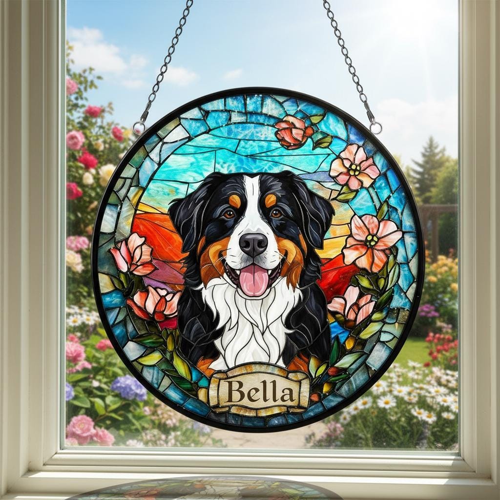 Custom Bernese Mountain Dog Portrait Stained Glass Suncatcher, Stained Glass Dog Memorial, Custom Dog Portrait from Photo, Sympathy Gifts - image 2