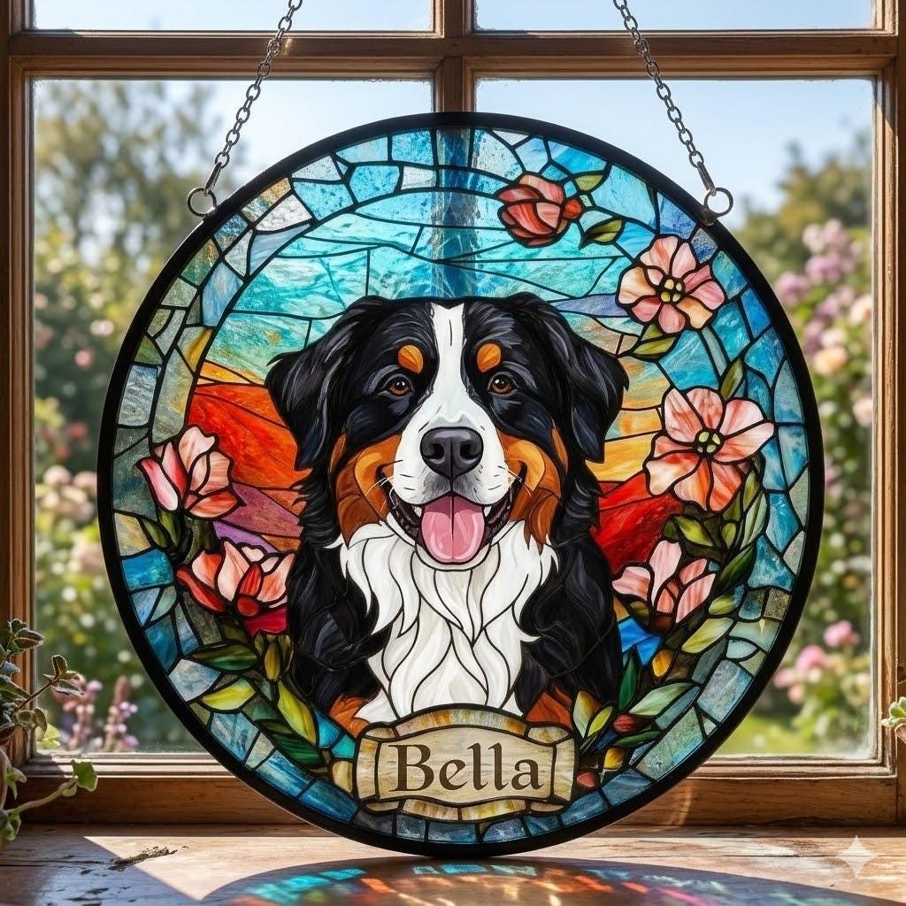 Custom Bernese Mountain Dog Portrait Stained Glass Suncatcher, Stained Glass Dog Memorial, Custom Dog Portrait from Photo, Sympathy Gifts