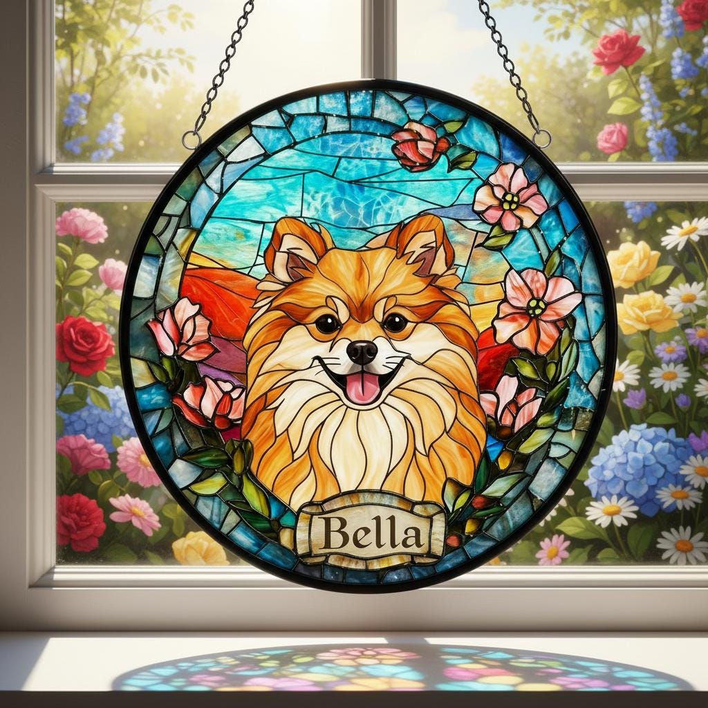 Custom Pomeranian Dog Portrait Stained Glass Suncatcher, Stained Glass Dog Memorial, Custom Dog Portrait from Photo, Sympathy Gifts - image 2