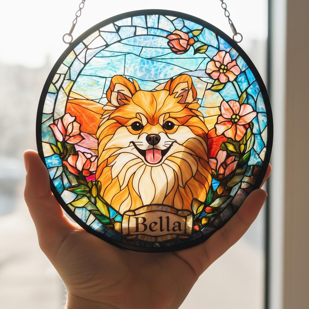 Custom Pomeranian Dog Portrait Stained Glass Suncatcher, Stained Glass Dog Memorial, Custom Dog Portrait from Photo, Sympathy Gifts - image 4