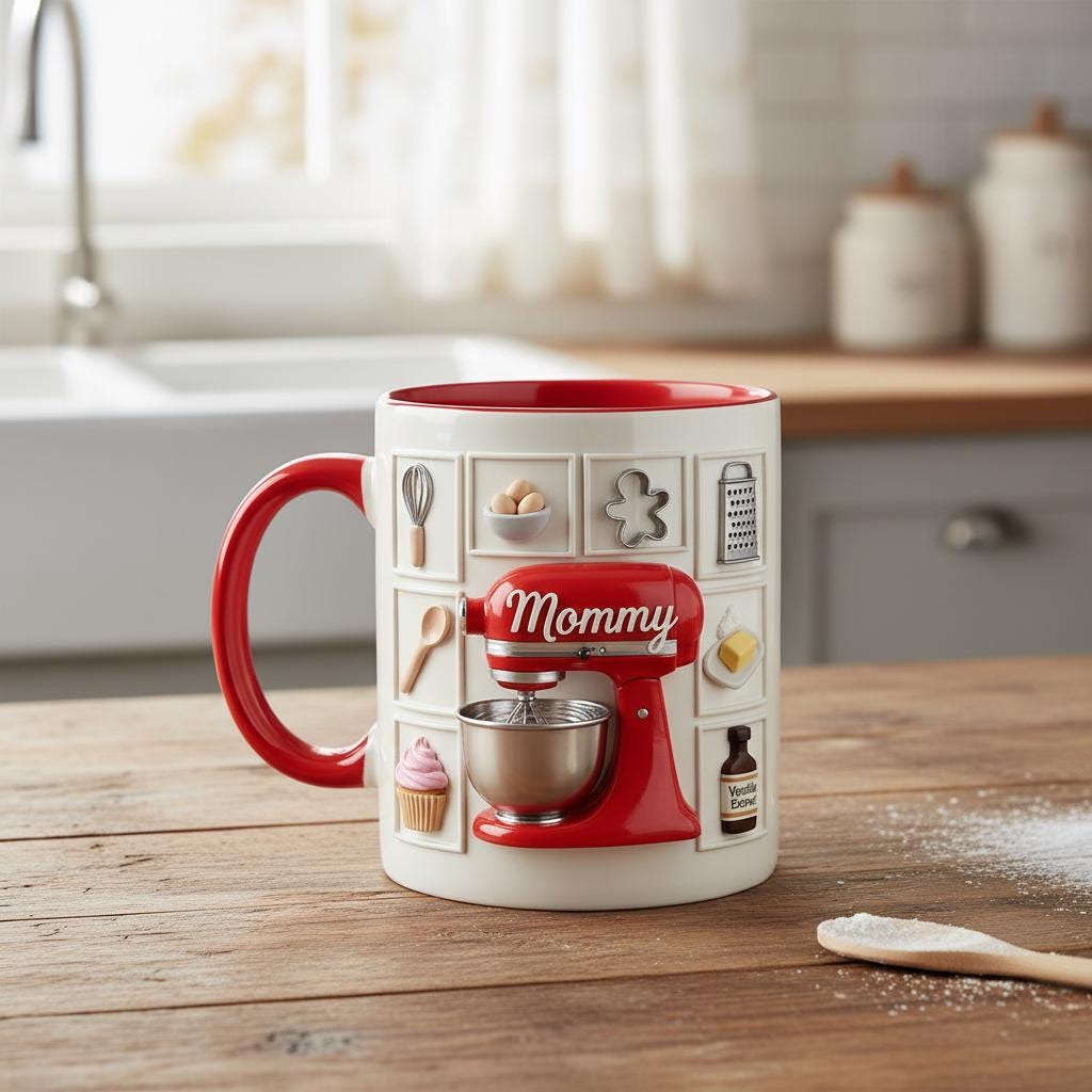 Personalized Baking Lover Mug, Baker Mug with Name, Baking Tools 2D Flat Coffee Cup, Mother's Day Gift