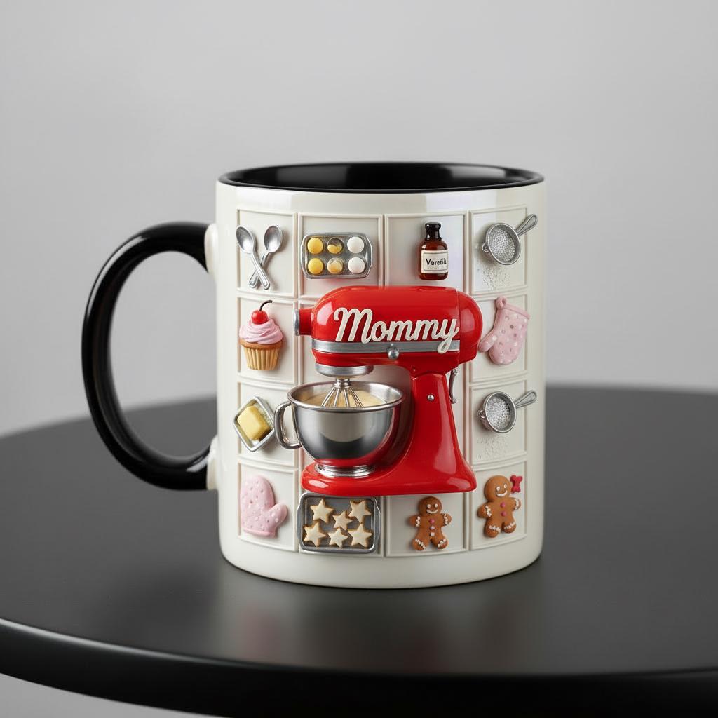 Personalized Baking Lover Mug, Baker Mug with Name, Baking Tools 2D Flat Coffee Cup, Mother's Day Gift