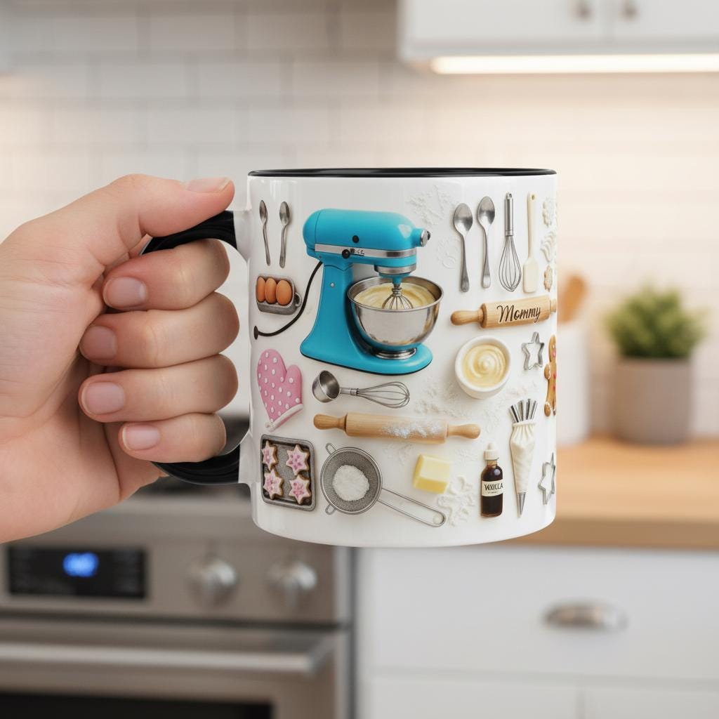 Personalized Baking Lover Mug, Baker Mug with Name, Baking Tools 2D Flat Coffee Cup, Mother's Day Gift