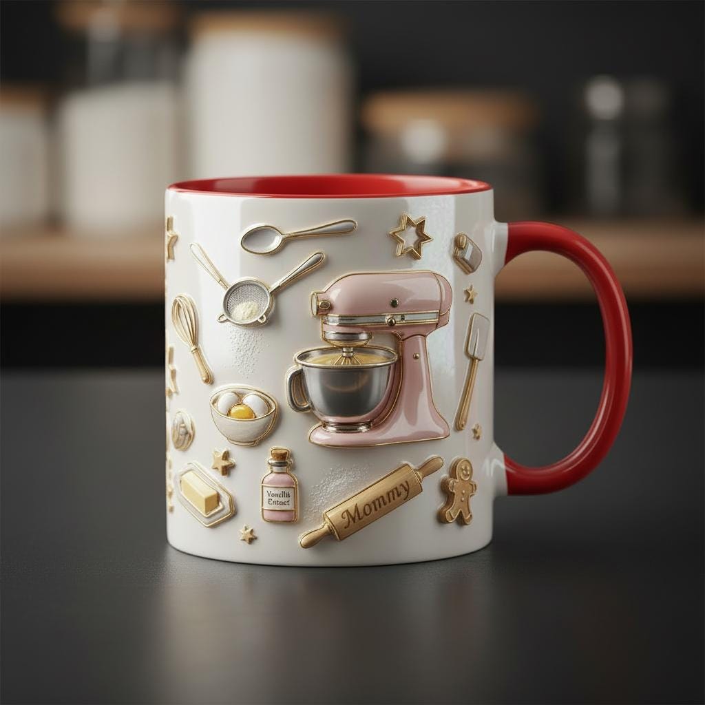Personalized Baking Lover Mug, Baker Mug with Name, Baking Tools 2D Flat Coffee Cup, Mother's Day Gift