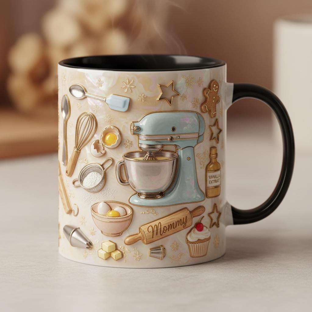 Personalized Baking Mug, Custom Name Cooking Lover Coffee Cup, Baker Tools, Mothers Day Gift