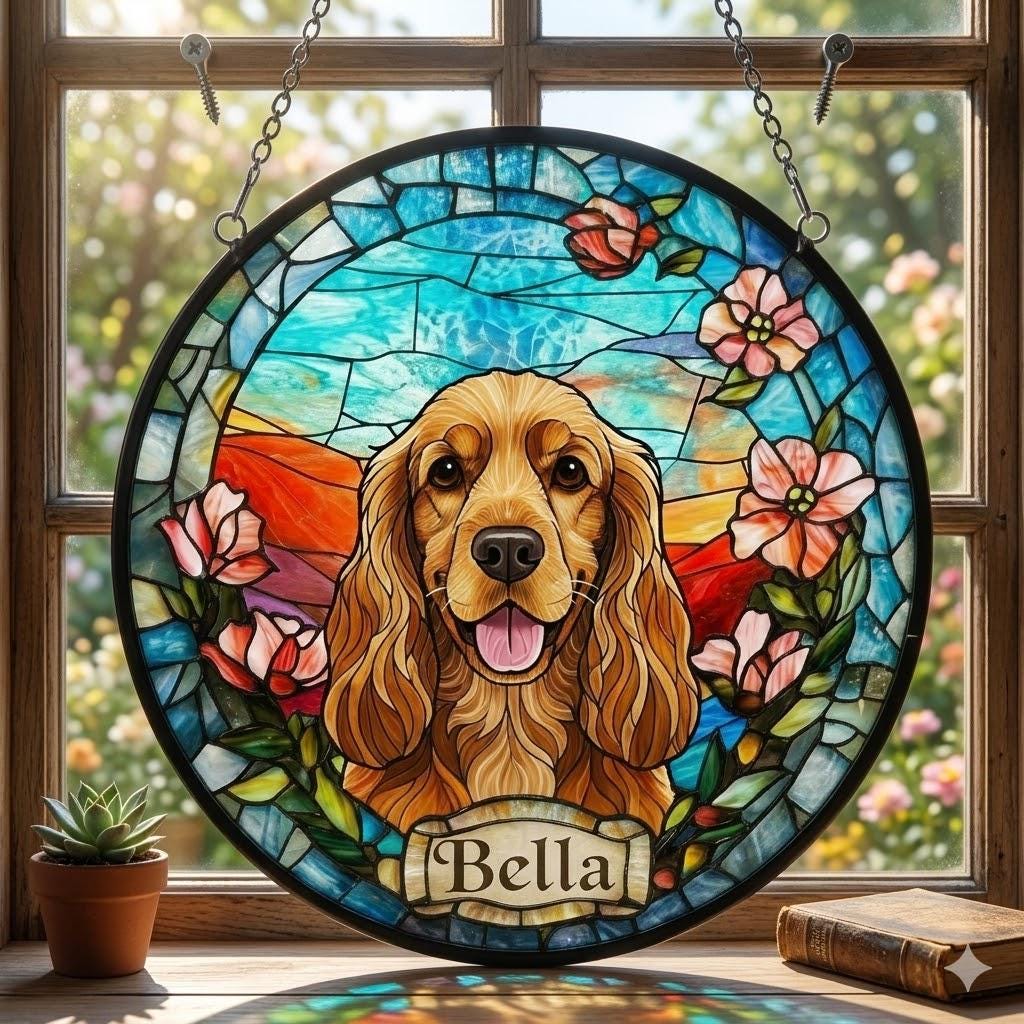 Custom Cocker Spaniel  Dog Portrait Stained Glass Suncatcher, Stained Glass Dog Memorial, Custom Dog Portrait from Photo, Sympathy Gifts