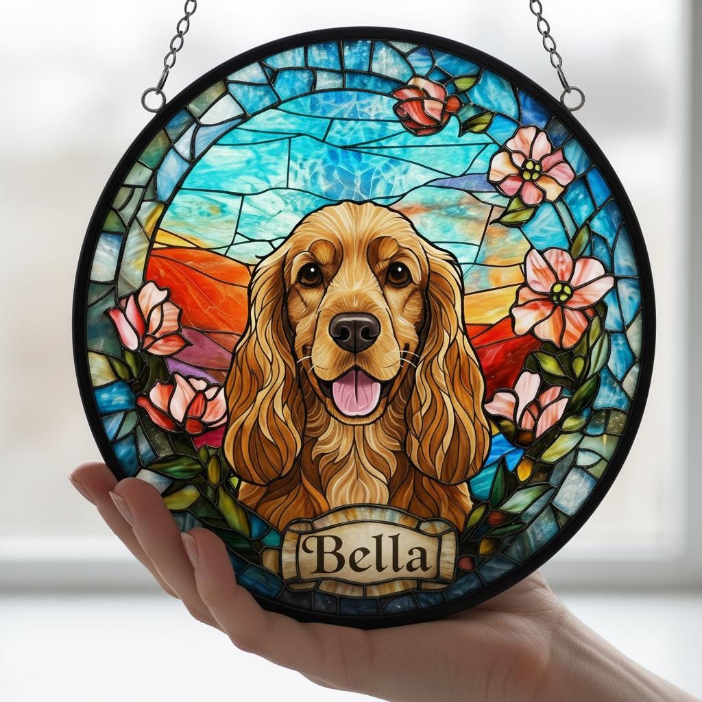 Custom Cocker Spaniel  Dog Portrait Stained Glass Suncatcher, Stained Glass Dog Memorial, Custom Dog Portrait from Photo, Sympathy Gifts - image 3
