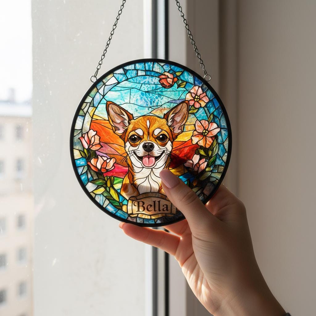 Custom Chihuahua  Dog Portrait Stained Glass Suncatcher, Stained Glass Dog Memorial, Custom Dog Portrait from Photo, Sympathy Gifts - image 5