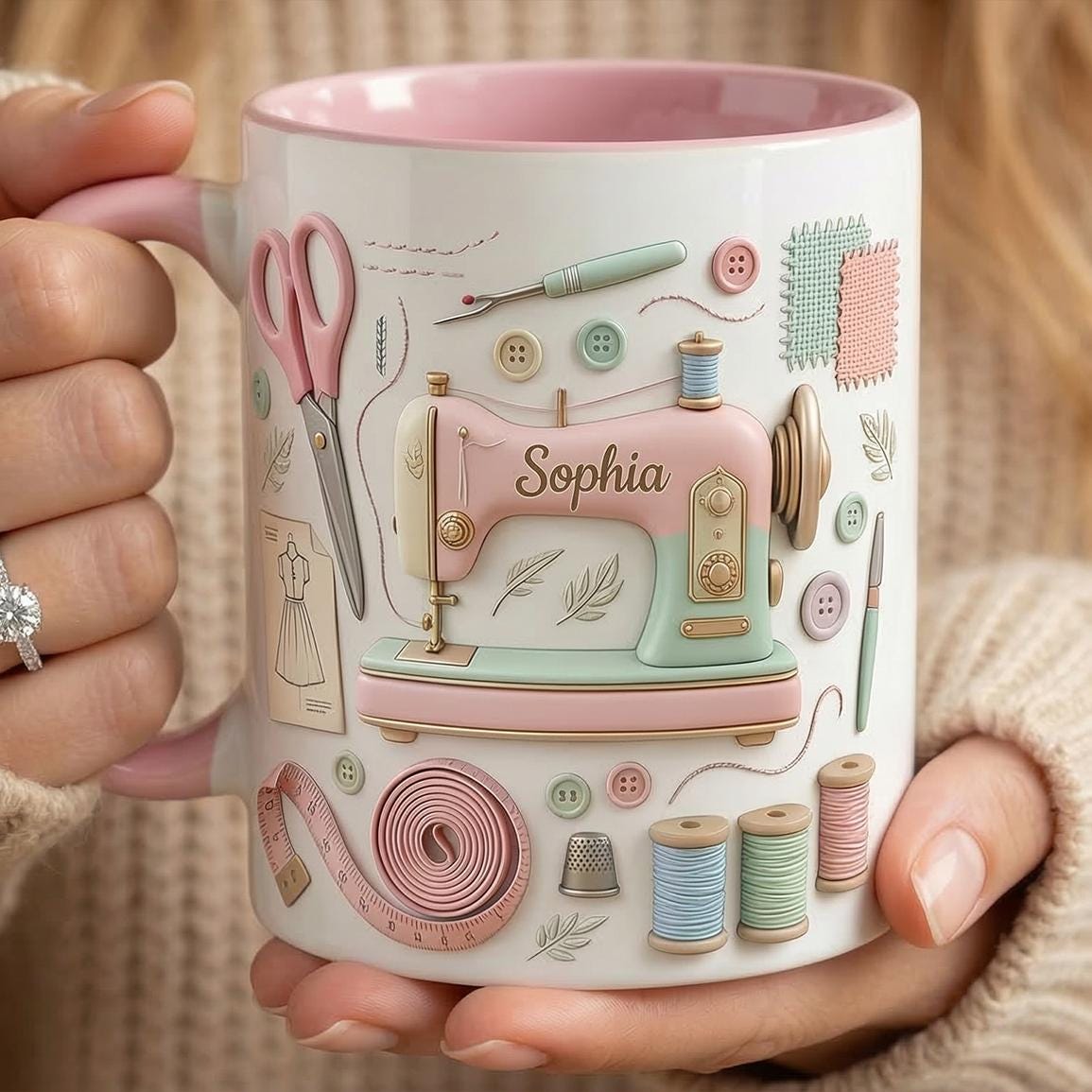 Personalized Sewing Machine Accent Mug, Faux 3D Effect, Craft Coffee Mug, Sewing Lover Gift, Crochet Lover Mug