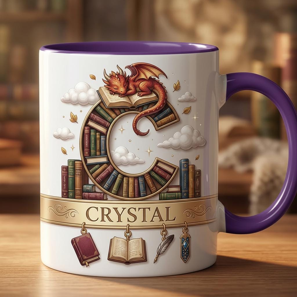 Personalized Book Dragon Alphabet Initial Letter Mug, Book Lover Coffee Mug with Name, Bookish Coffee Cup for Dragon Lover, Faux 3D Effect - image 4