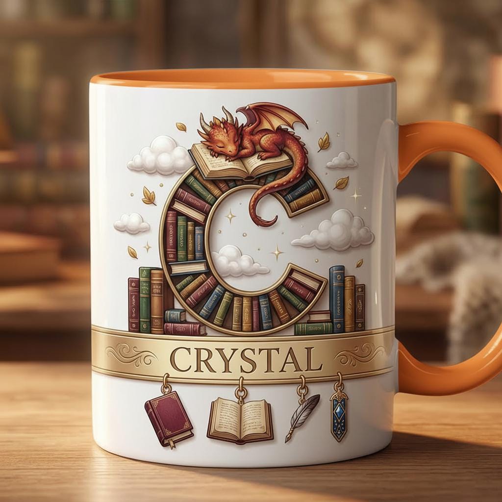 Personalized Book Dragon Alphabet Initial Letter Mug, Book Lover Coffee Mug with Name, Bookish Coffee Cup for Dragon Lover, Faux 3D Effect - image 5