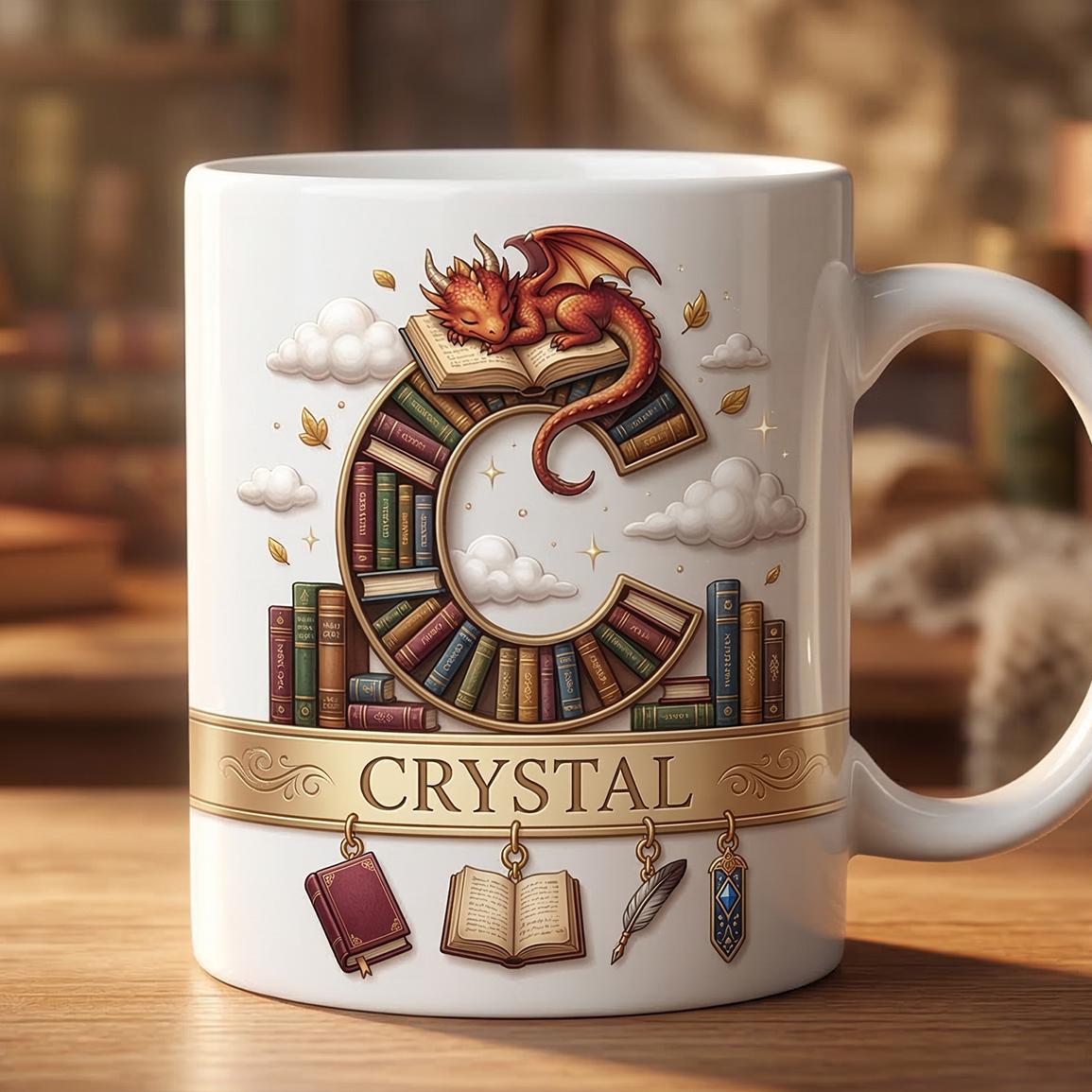 Personalized Book Dragon Alphabet Initial Letter Mug, Book Lover Coffee Mug with Name, Bookish Coffee Cup for Dragon Lover, Faux 3D Effect - image 2