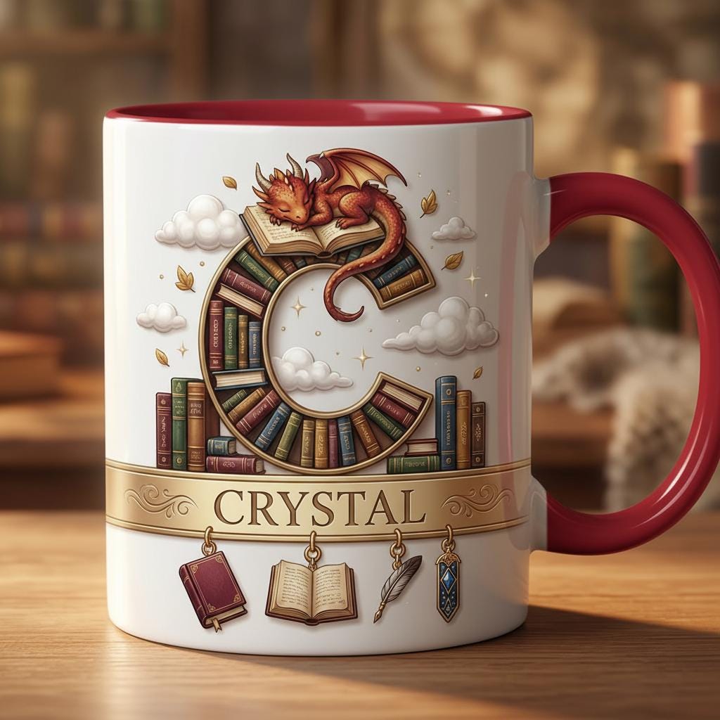 Personalized Book Dragon Alphabet Initial Letter Mug, Book Lover Coffee Mug with Name, Bookish Coffee Cup for Dragon Lover, Faux 3D Effect - image 3