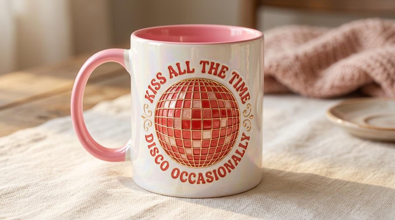 Kiss All The Time Coffee Mug, Disco Ball Occasionally Accent Mug, Music Gift for Fans