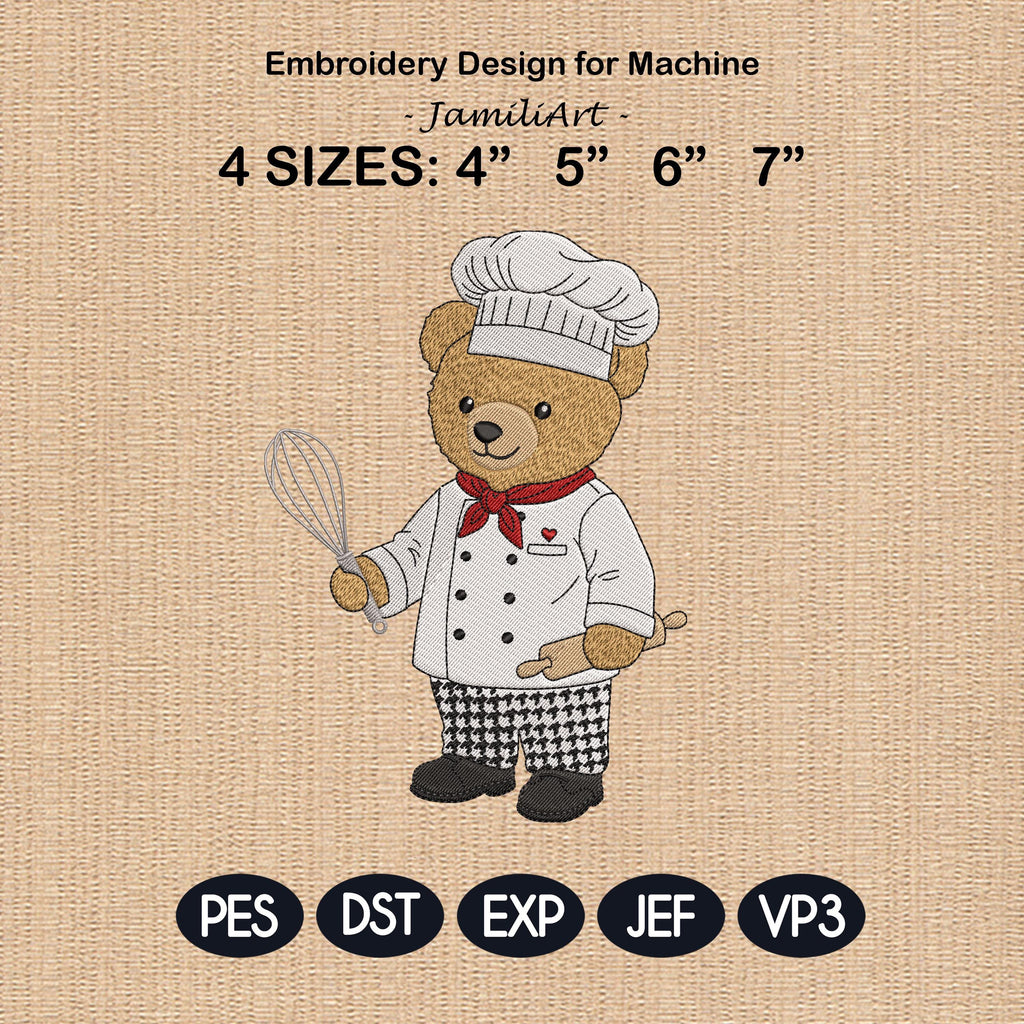 Teddy Bear Chef Embroidery Design File, Cute Animal Cooking Embroidery Design, Digital File, Instant Download, Chef Bear Embroidery