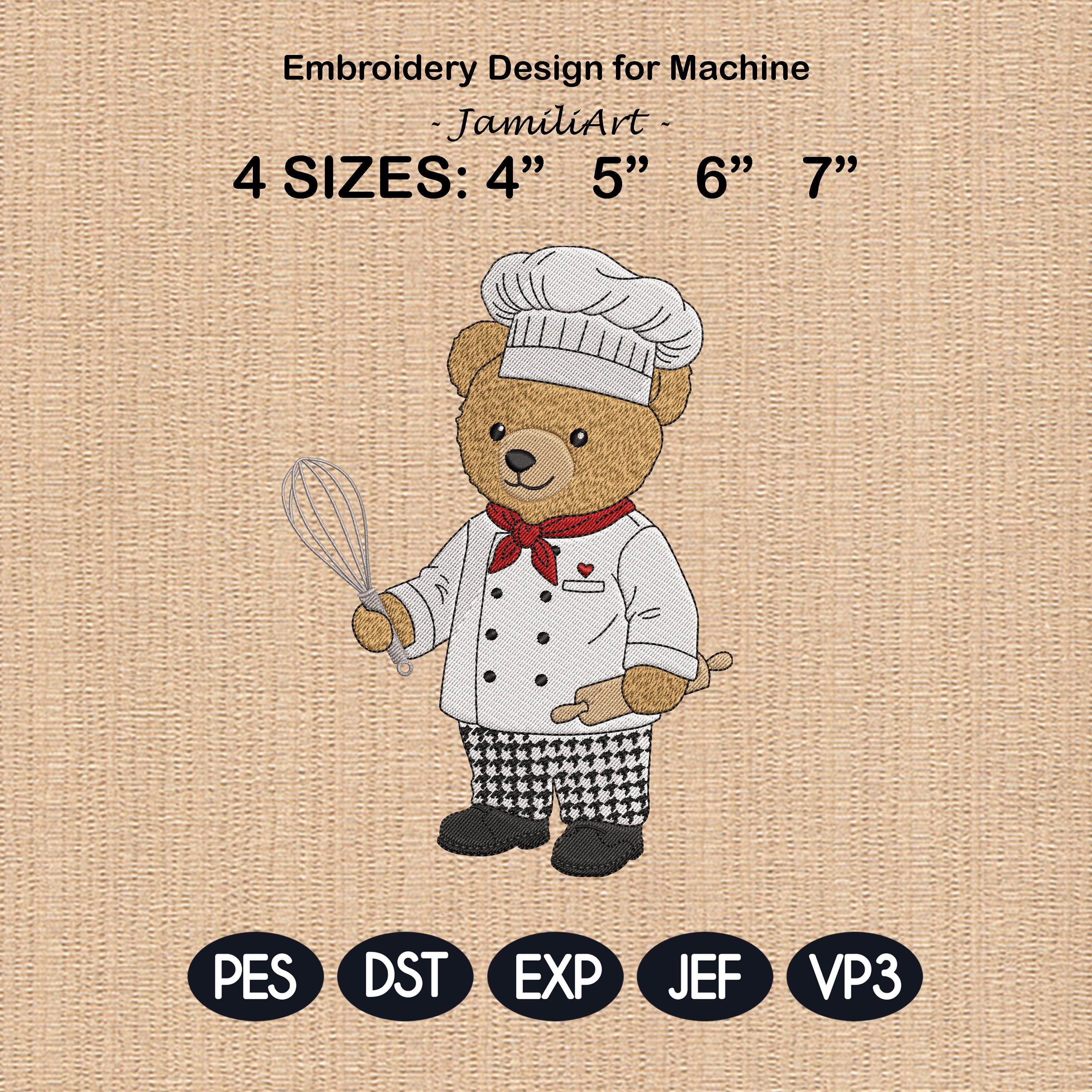 Teddy Bear Chef Embroidery Design File, Cute Animal Cooking Embroidery Design, Digital File, Instant Download, Chef Bear Embroidery