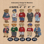 USA Teddy Bear Embroidery Bundle, Patriotic Bear Outfit Collection, American Flag Bear Set, Preppy Vintage Style, 4 sizes, Instant Download