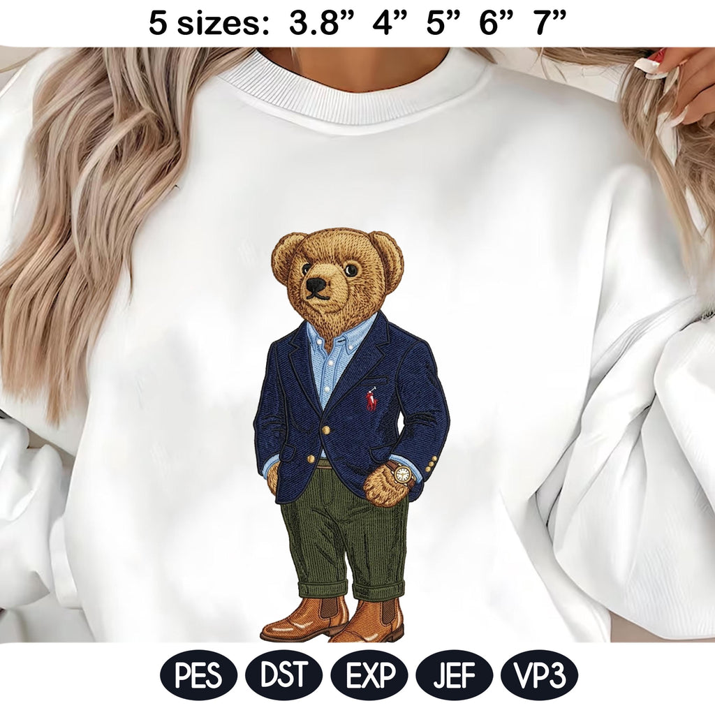 Stylish Bear Embroidery Design, Casual Polo Teddy Machine Embroidery Pattern, Fashion Bear Embroidery File for Hoodie, Jacket - image 3