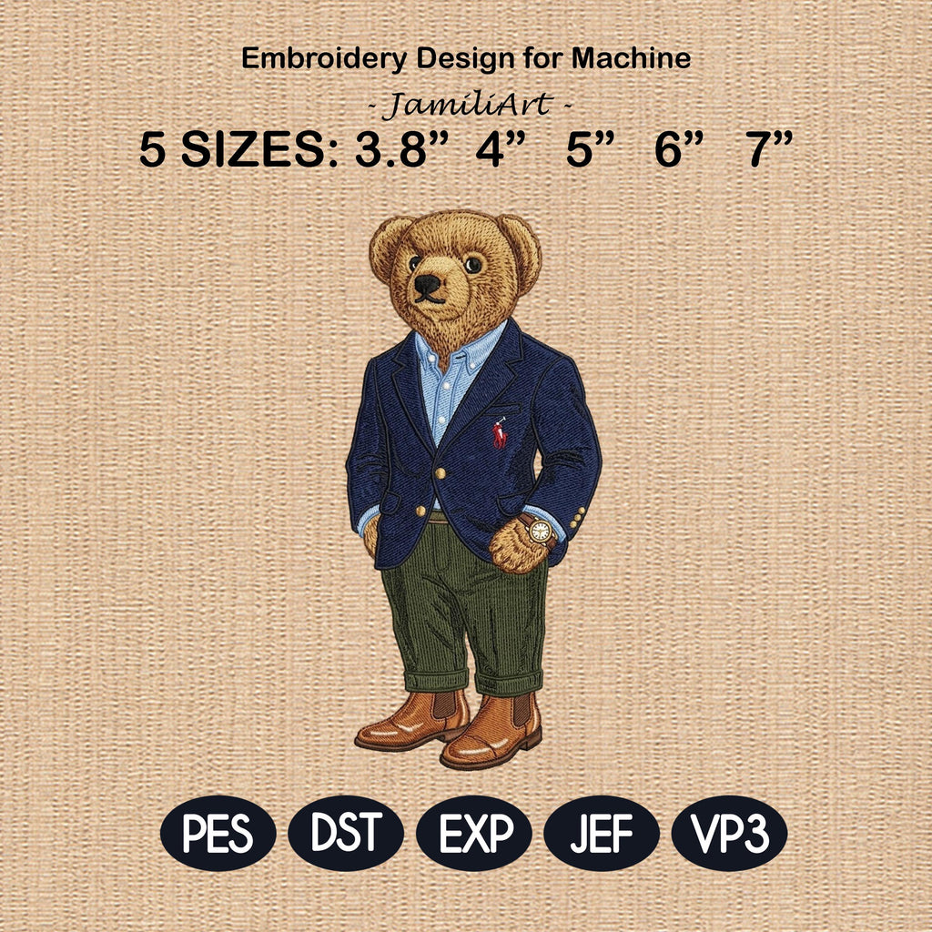 Stylish Bear Embroidery Design, Casual Polo Teddy Machine Embroidery Pattern, Fashion Bear Embroidery File for Hoodie, Jacket