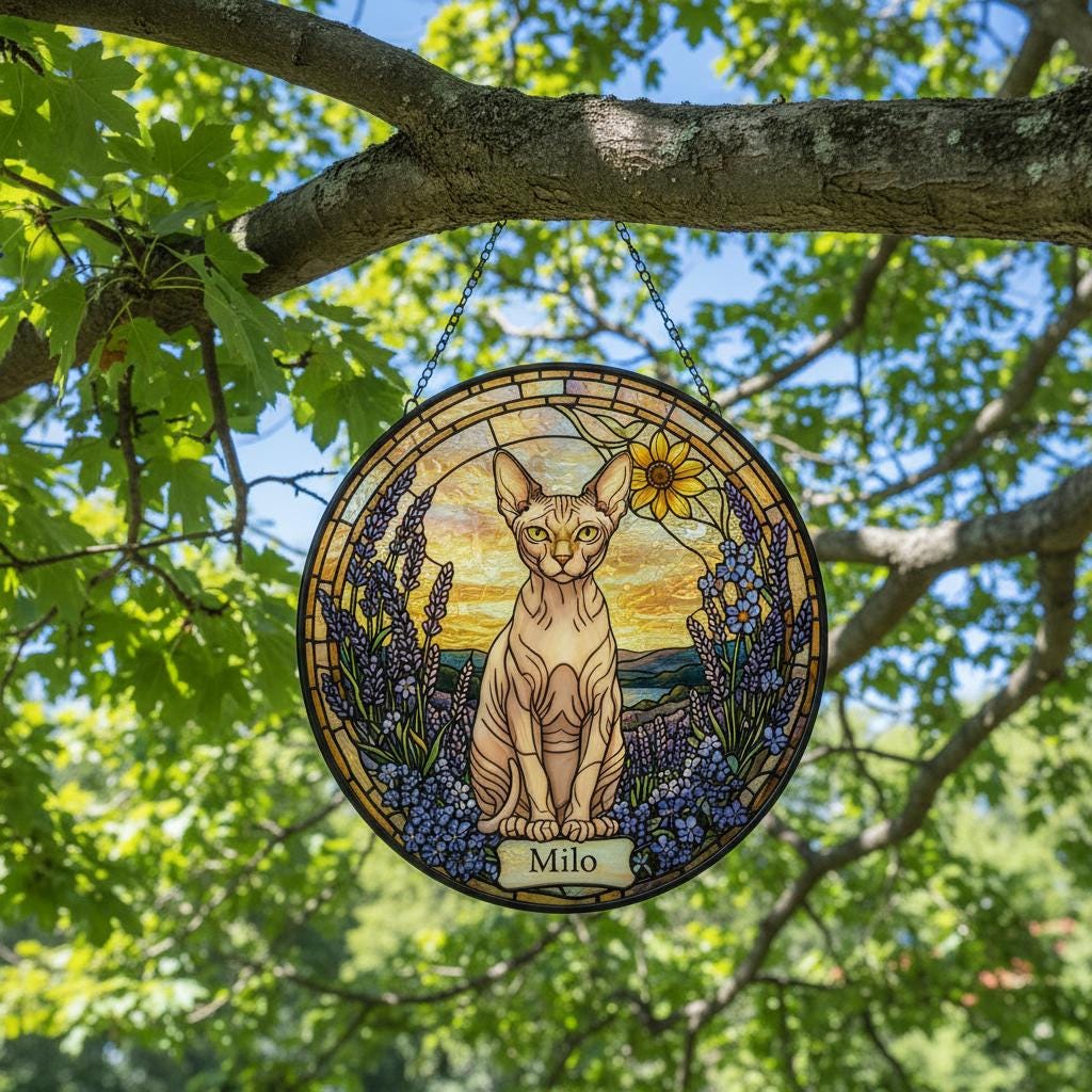Custom  Sphynx Cat Memorial Stained Glass, Loss of Pet Sympathy Gift, Cat With Name Suncatcher,  Custom Pet Image Gift - image 5
