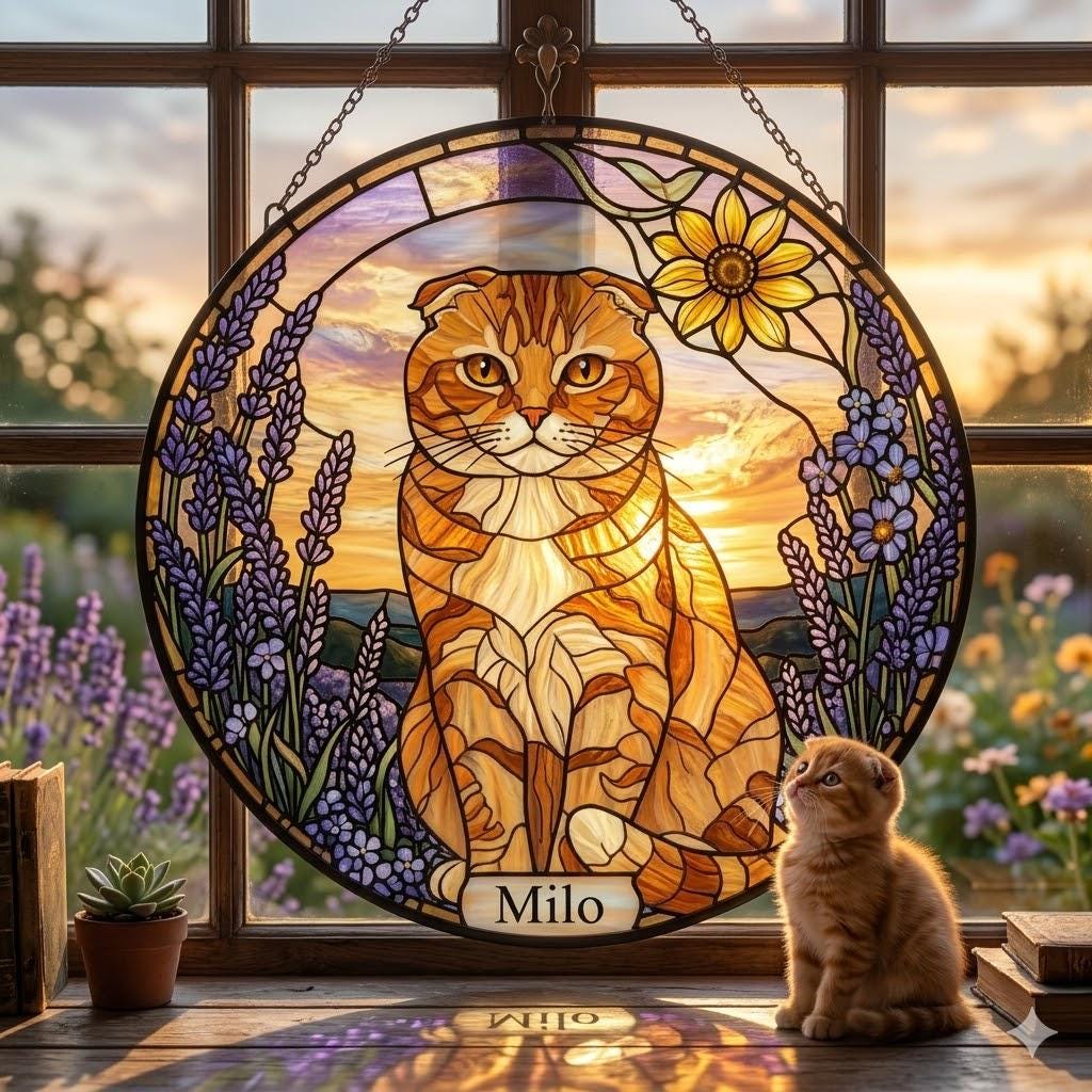 Custom  Scottish Fold  Cat Memorial Stained Glass, Loss of Pet Sympathy Gift, Cat With Name Suncatcher,  Custom Pet Image Gift