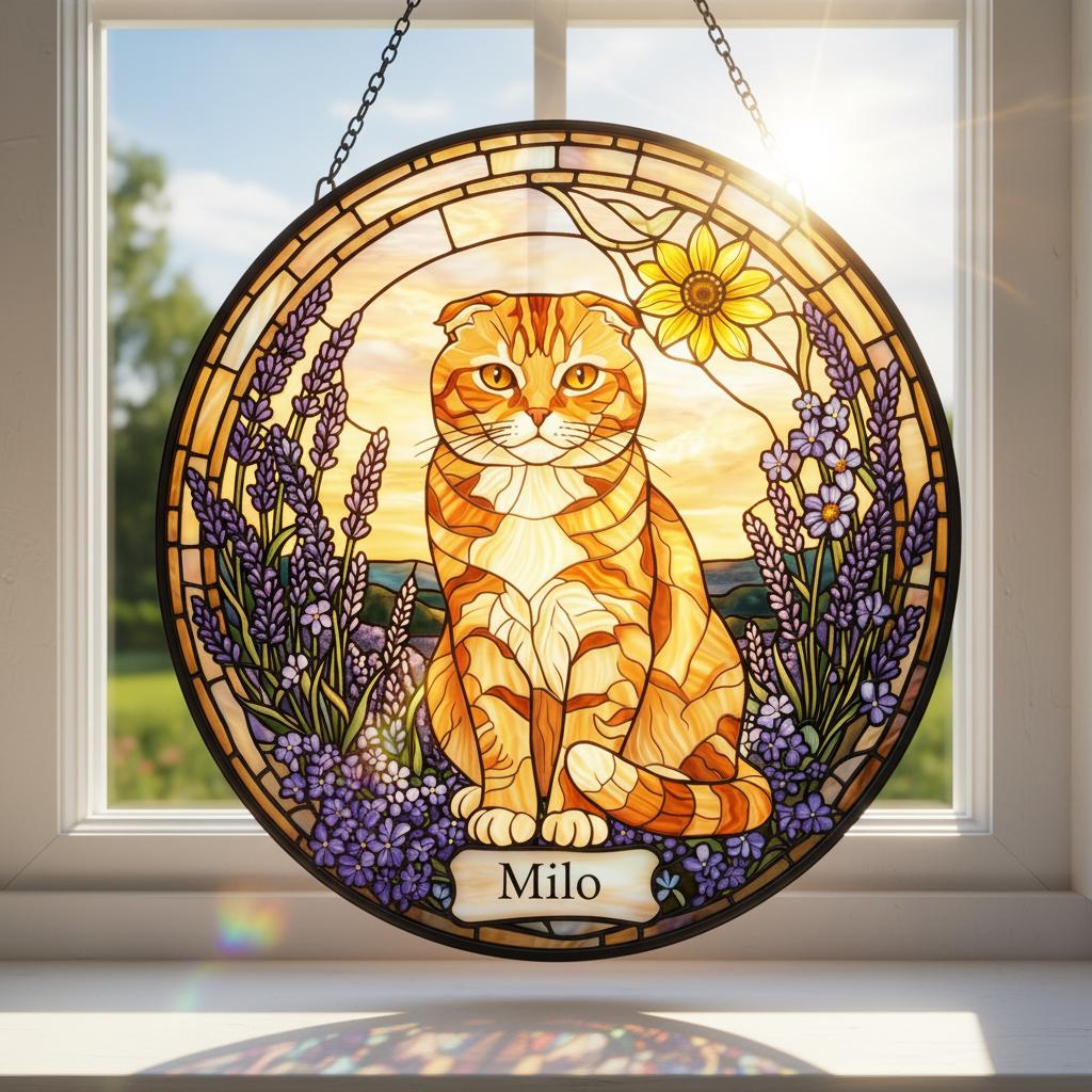 Custom  Scottish Fold  Cat Memorial Stained Glass, Loss of Pet Sympathy Gift, Cat With Name Suncatcher,  Custom Pet Image Gift - image 2