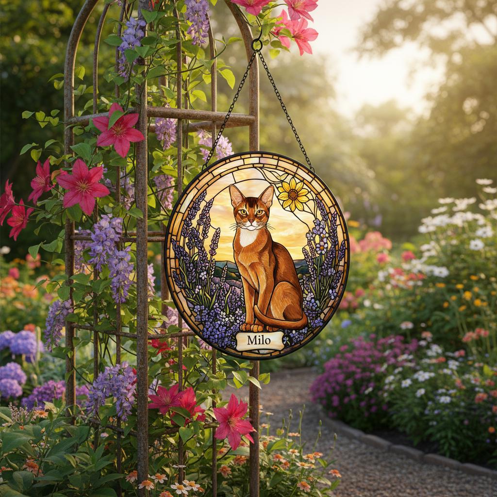 Custom  Abyssinian Cat Memorial Stained Glass, Loss of Pet Sympathy Gift, Cat With Name Suncatcher,  Custom Pet Image Gift - image 3