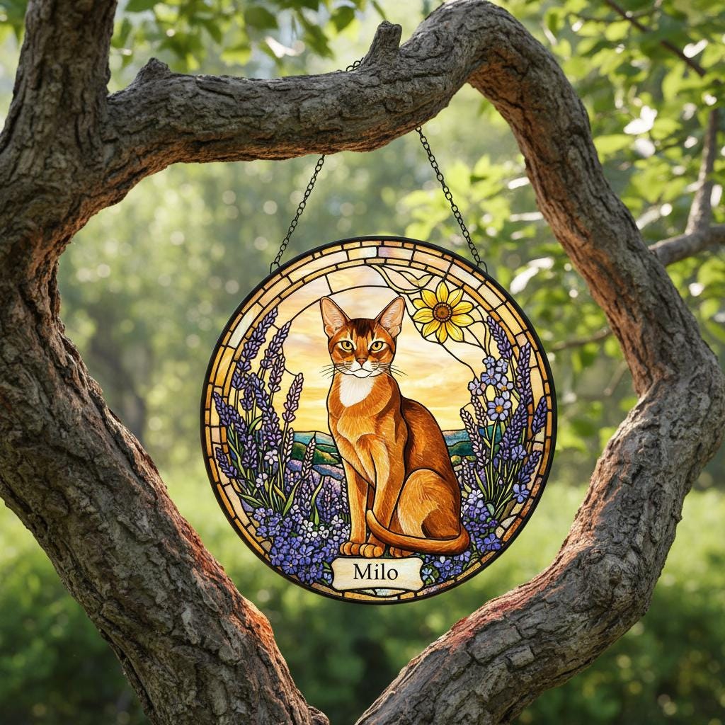 Custom  Abyssinian Cat Memorial Stained Glass, Loss of Pet Sympathy Gift, Cat With Name Suncatcher,  Custom Pet Image Gift - image 4