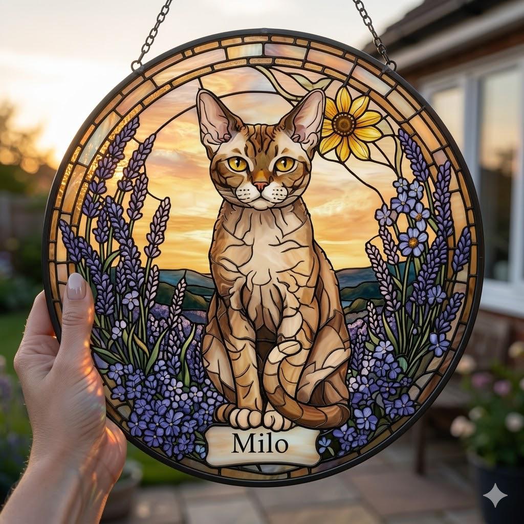 Custom  Devon Rex Cat Memorial Stained Glass, Loss of Pet Sympathy Gift, Cat With Name Suncatcher,  Custom Pet Image Gift - image 2
