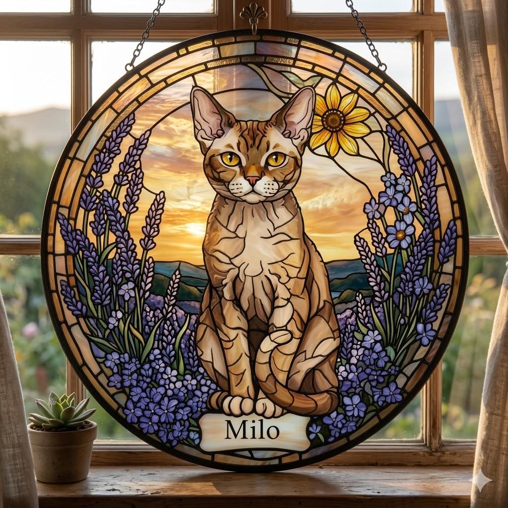 Custom  Devon Rex Cat Memorial Stained Glass, Loss of Pet Sympathy Gift, Cat With Name Suncatcher,  Custom Pet Image Gift