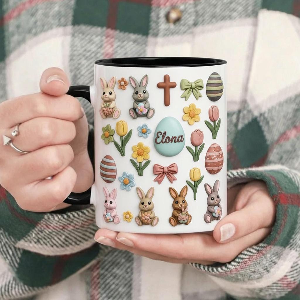 Retro Personalized Bunny Easter Mug, Custom Name Easter Eggs Coffee Mugs, Cute Rabbit Easter Day Cup
