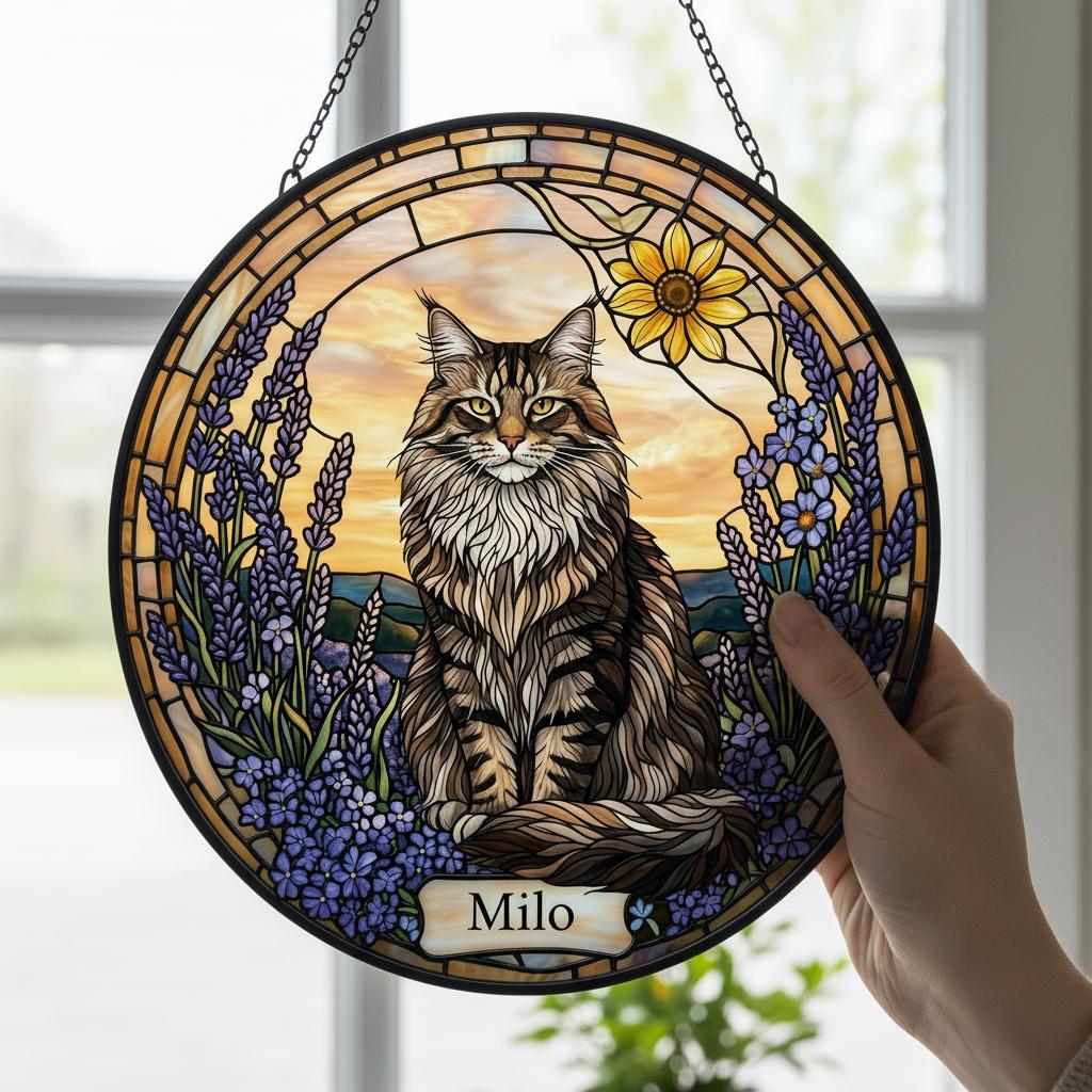Custom Norwegian Forest Cat Cat Memorial Stained Glass, Loss of Pet Sympathy Gift, Cat With Name Suncatcher,  Custom Pet Image Gift - image 3