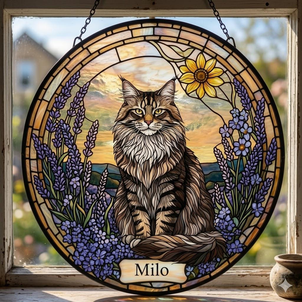 Custom Norwegian Forest Cat Cat Memorial Stained Glass, Loss of Pet Sympathy Gift, Cat With Name Suncatcher,  Custom Pet Image Gift
