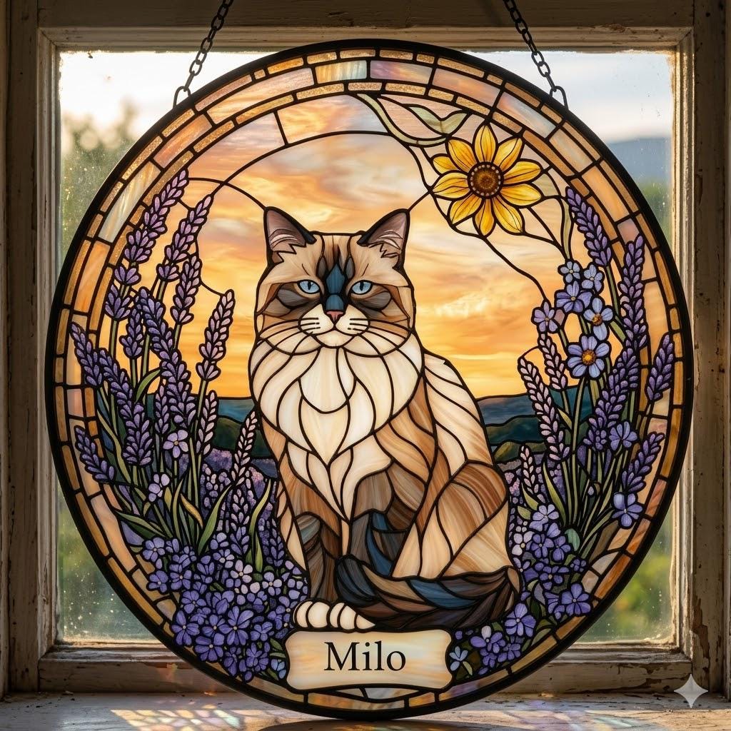 Custom Himalayan Cat Memorial Stained Glass, Loss of Pet Sympathy Gift, Cat With Name Suncatcher,  Custom Pet Image Gift
