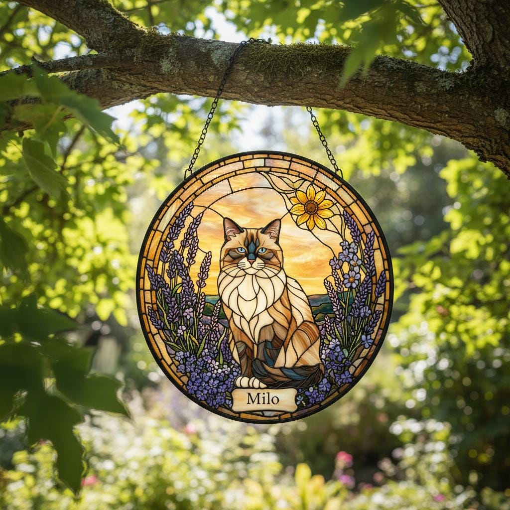 Custom Himalayan Cat Memorial Stained Glass, Loss of Pet Sympathy Gift, Cat With Name Suncatcher,  Custom Pet Image Gift - image 3