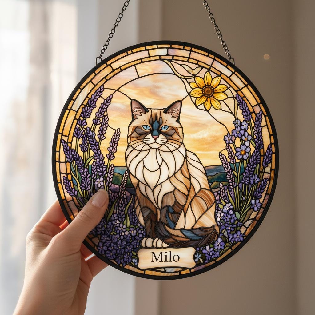 Custom Himalayan Cat Memorial Stained Glass, Loss of Pet Sympathy Gift, Cat With Name Suncatcher,  Custom Pet Image Gift - image 2
