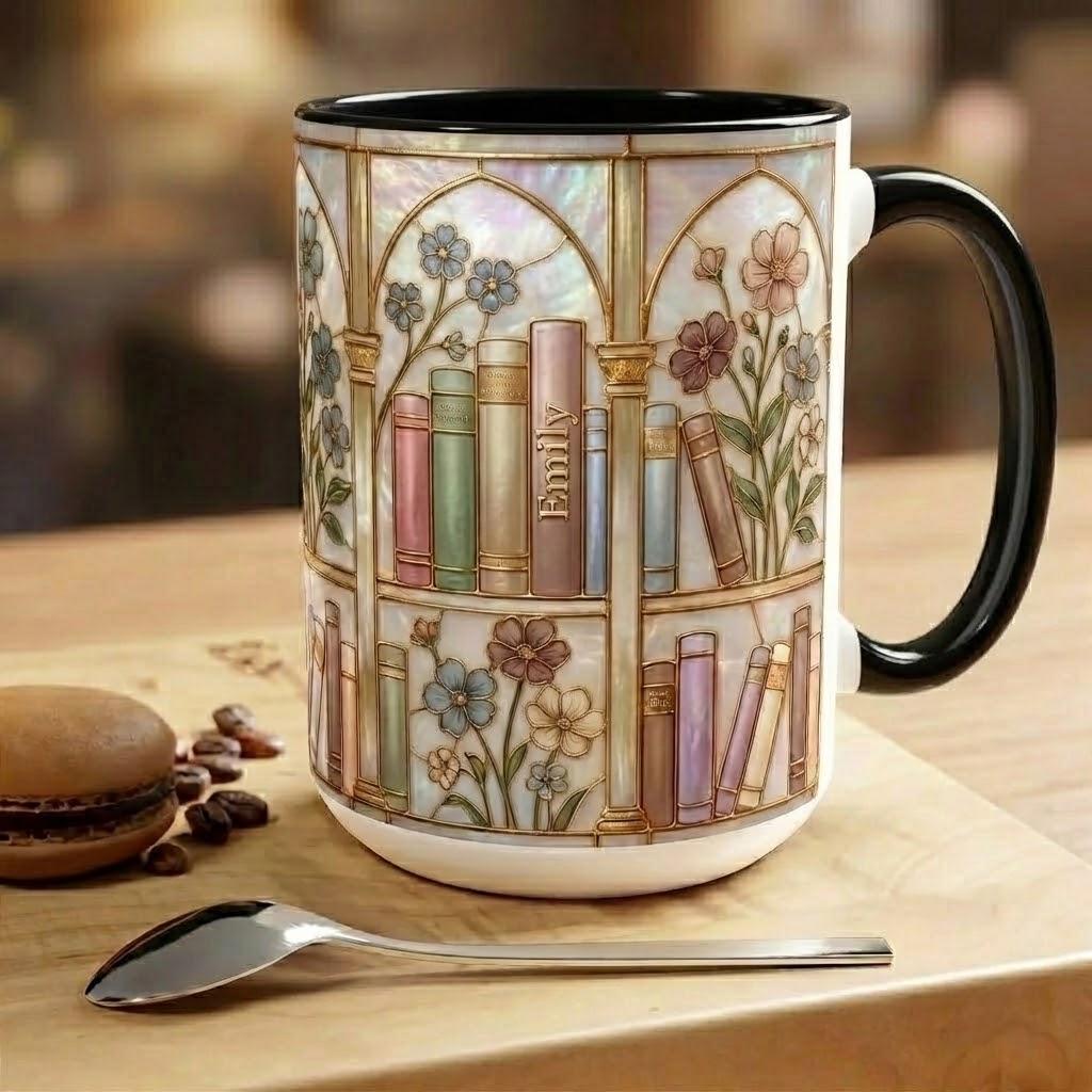 Personalized Floral Bookshelf Coffee Mug: Bookish Faux Stained Glass Style, 2D Flat Ceramic Mug - image 3