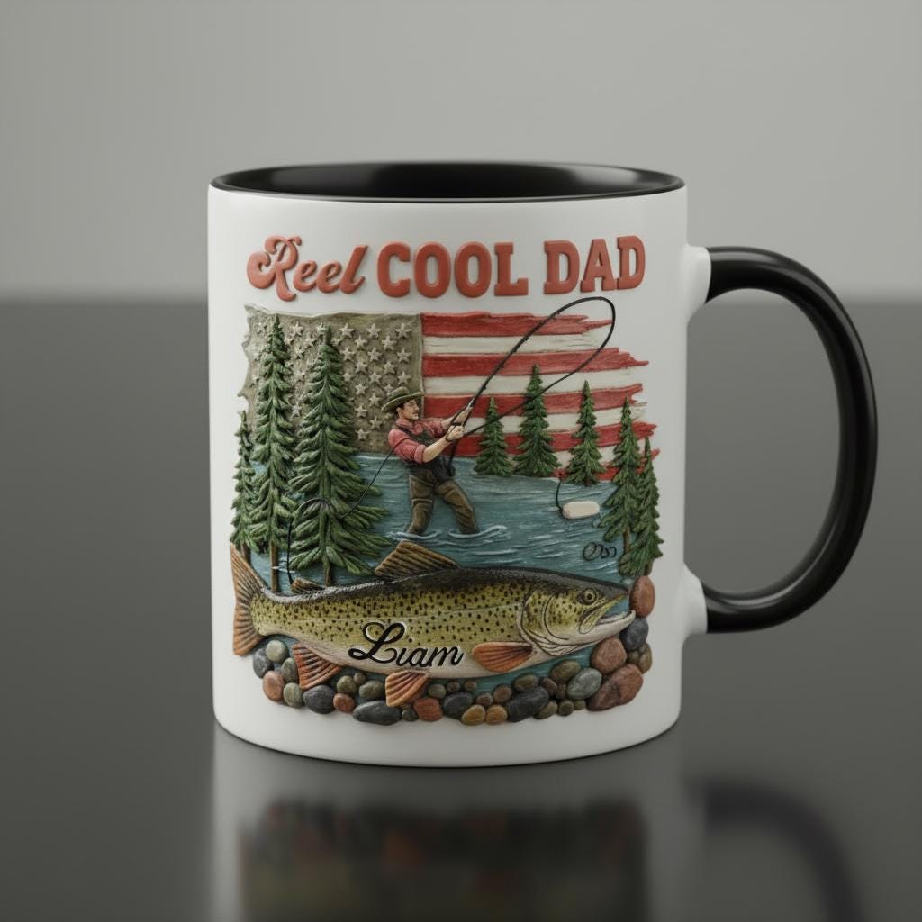 Personalized Fishing Dad Mug, Custom Name Grandpa Coffee Mugs, Reel Cool Dad Cup