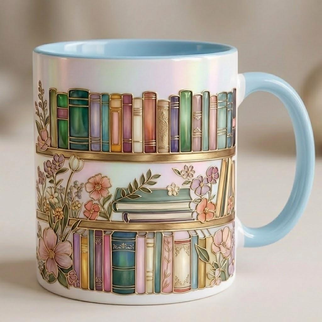 Floral Bookshelf Coffee Mug: Bookish Faux Stained Glass Style, 2D Flat Ceramic Mug - image 2