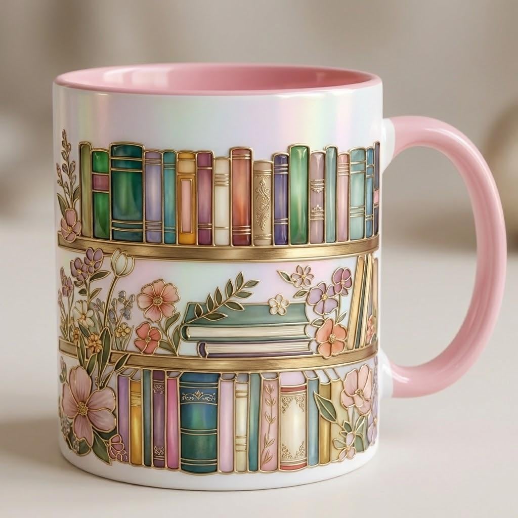 Floral Bookshelf Coffee Mug: Bookish Faux Stained Glass Style, 2D Flat Ceramic Mug