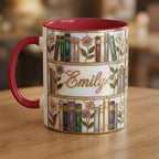 Custom Name Floral Bookshelf Coffee Mug: Bookish Faux Stained Glass Style, 2D Flat Ceramic Mug - image 3