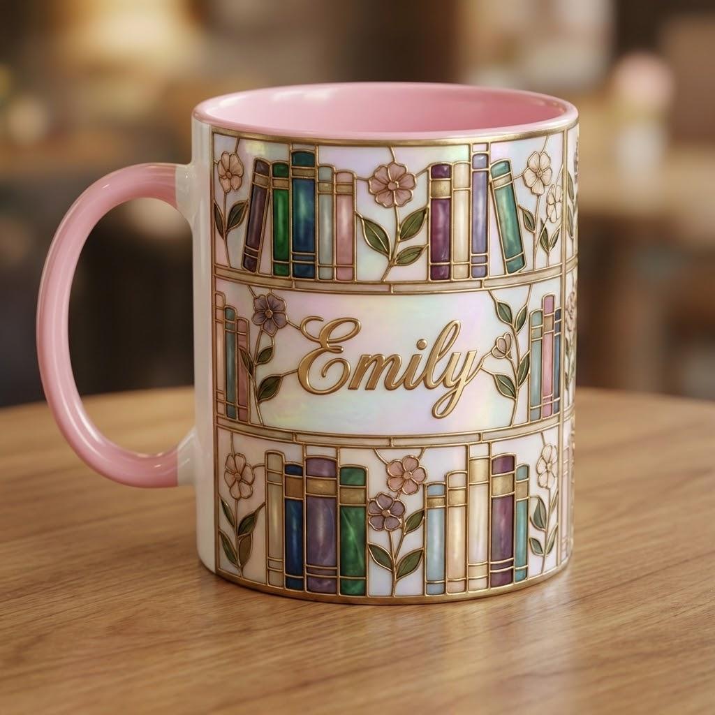 Custom Name Floral Bookshelf Coffee Mug: Bookish Faux Stained Glass Style, 2D Flat Ceramic Mug