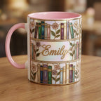 Custom Name Floral Bookshelf Coffee Mug: Bookish Faux Stained Glass Style, 2D Flat Ceramic Mug