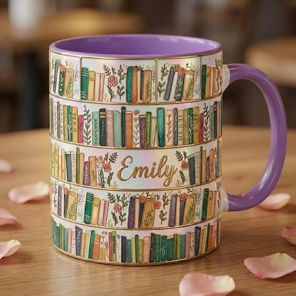 Personalized Floral Bookshelf Coffee Mug, Bookish Faux Stained Glass Style, 2D Flat Ceramic Mug - image 2