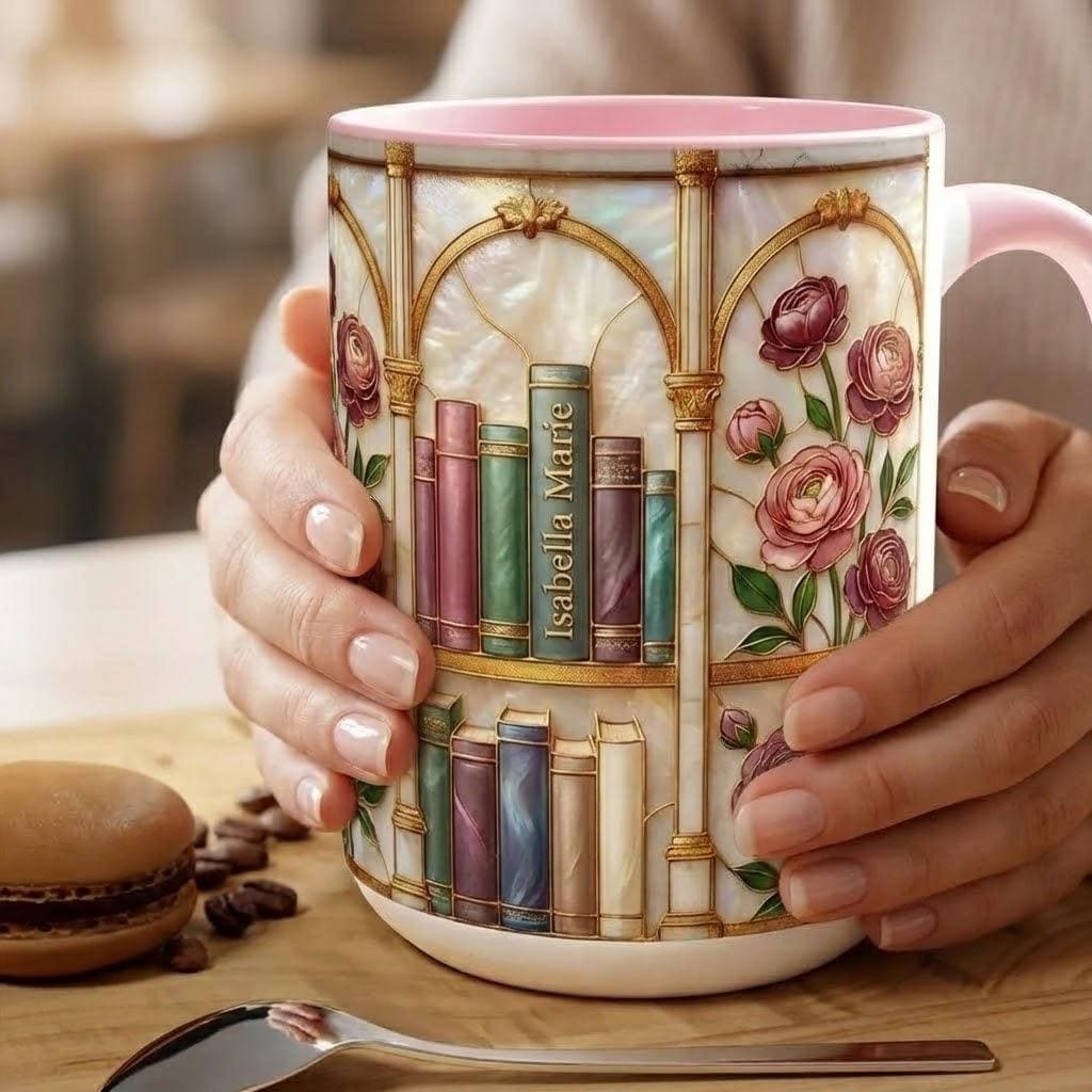 Custom Name Stained-Glass Style Floral Bookshelf Mug, Book Lover Gift, 2D Flat Bookish Mug - image 4