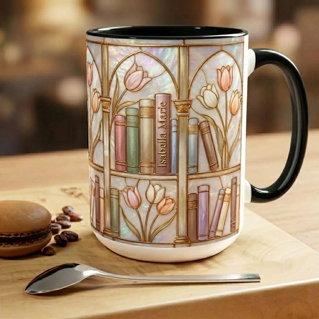 Custom Name Stained-Glass Style Floral Bookshelf Mug, Book Lover Gift, 2D Flat Ceramic Mug - image 3