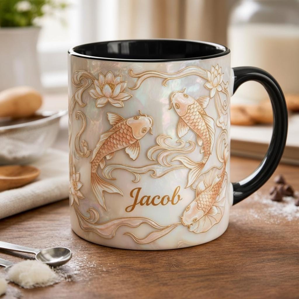 Custom Name Koi Fish Mug, Personalized Fish Lover Accent Coffee Cup, Gift for Dad Grandpa