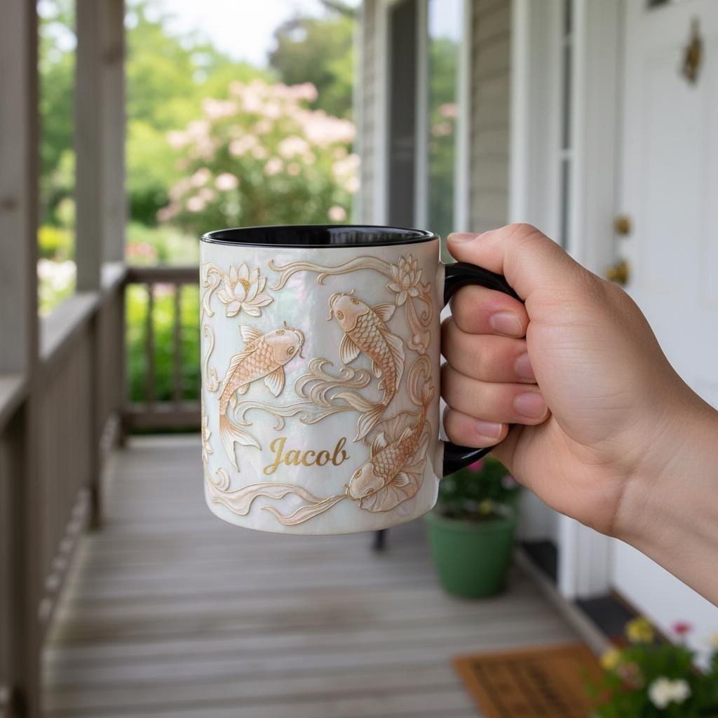 Custom Name Koi Fish Mug, Personalized Fish Lover Accent Coffee Cup, Gift for Dad Grandpa - image 2